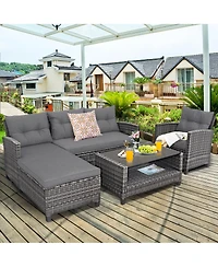 Costway 4PCS Patio Rattan Furniture Set Cushioned Loveseat Table Shelf