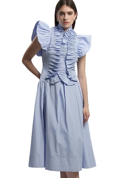 Karen Millen Women's High Neck Pleated Ruffle Midi Dress
