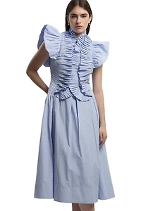 Karen Millen Women's High Neck Pleated Ruffle Midi Dress