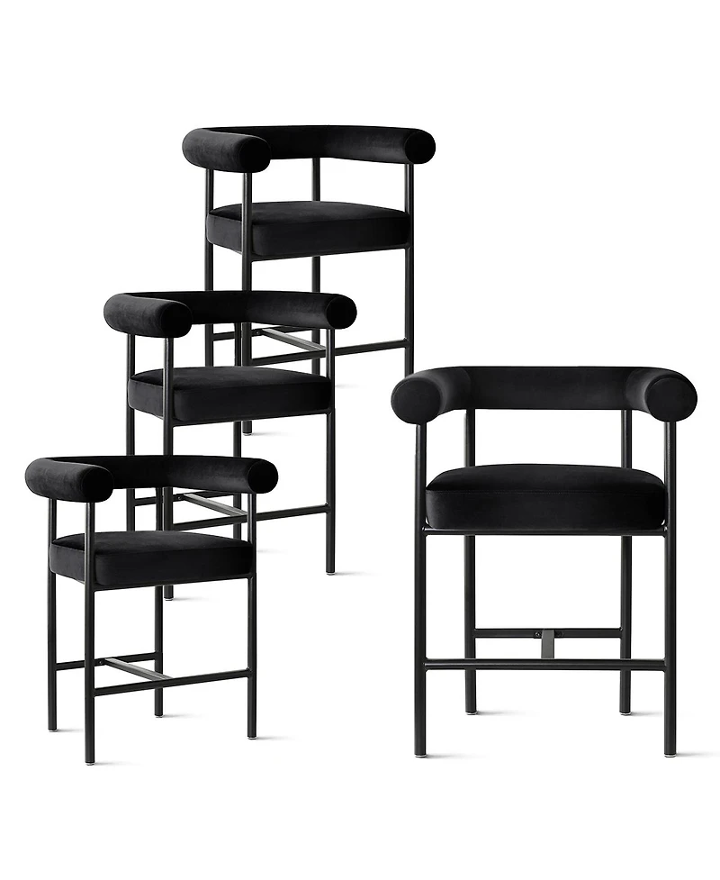 Maison Boucle 24" Velvet Counter Height Stools Set of 4 with Arms, Black Metal Legs