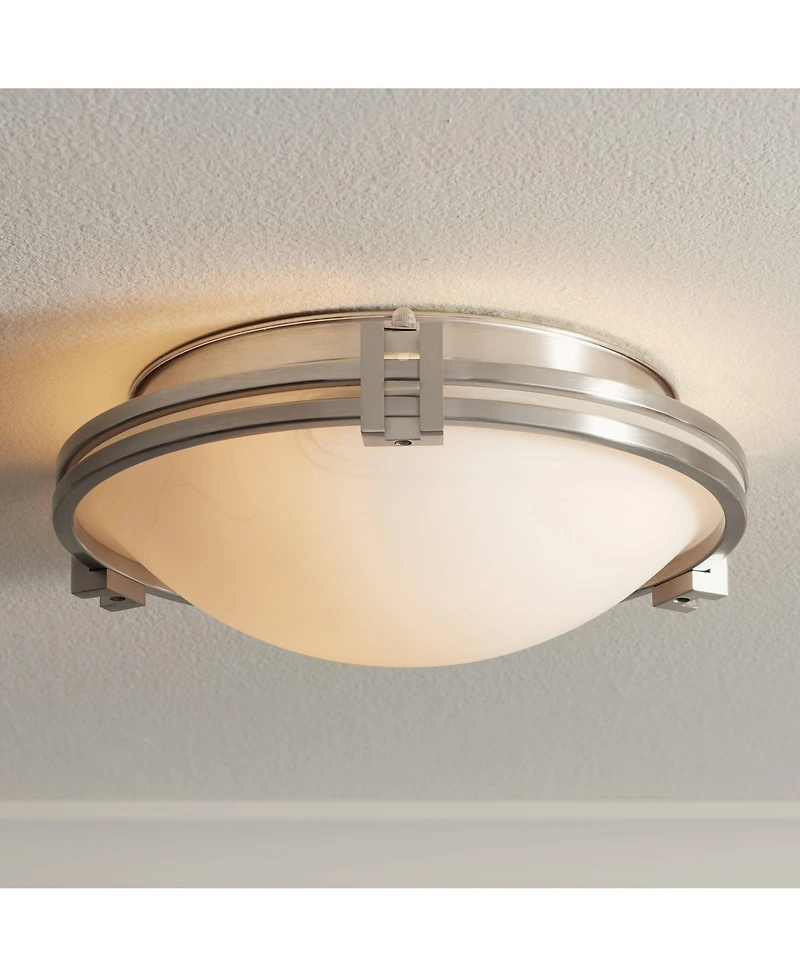 Possini Euro Design Deco Modern Ceiling Light Flush Mount Fixture Wide Brushed Nickel 2-Light Marbleized Glass for Bedroom Kitchen Living Room