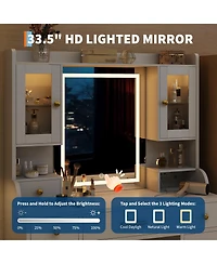 Homfan Modern Vanity Desk with Led Mirror, 3 Light Modes, Charging Station, 6 Drawers, Cabinet and Shelves, Gold Accents Makeup Table for Bedroom