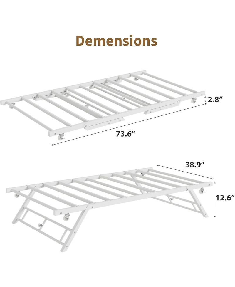 gaomon Pop-Up Metal Trundle Bed Frame - Collapsible, Lockable Casters, Steel Slat Support