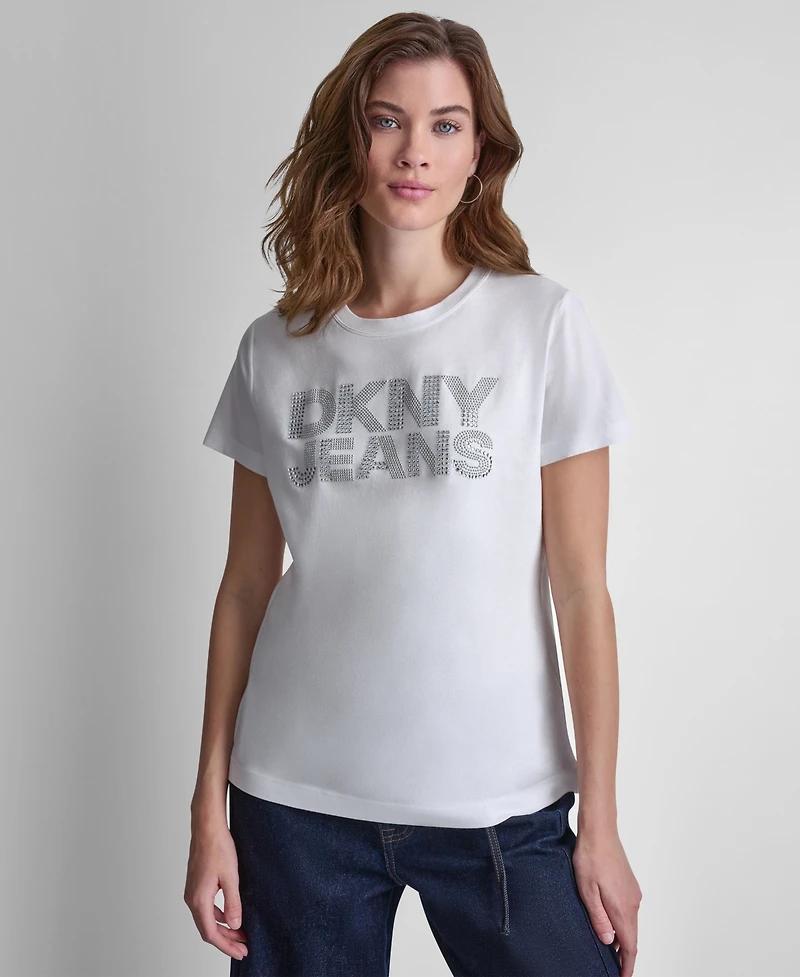 Dkny Jeans Women's Stacked Rhinestone Dome Stud Logo Crewneck T-Shirt