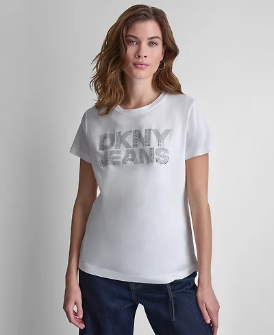Dkny Jeans Women's Stacked Rhinestone Dome Stud Logo Crewneck T-Shirt