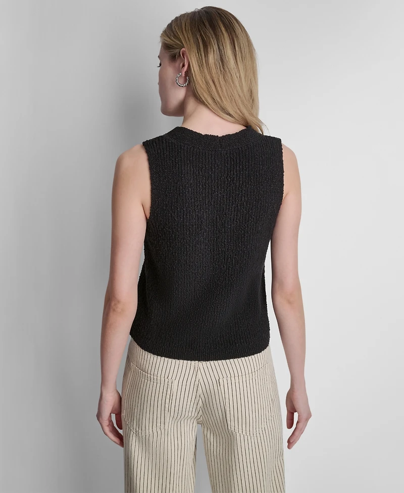 Dkny Jeans Women's Sleeveless V-Neck Rib Logo Charm Cotton Slub Sweater