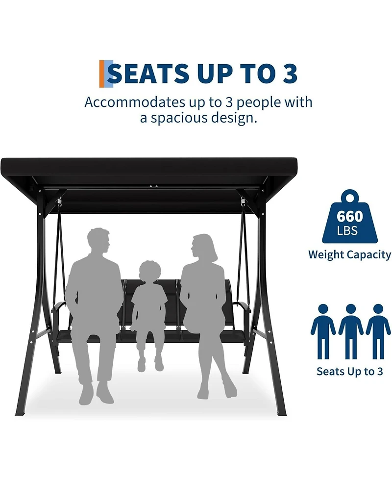 gaomon Outdoor Porch Hanging Chairs, 3-Seat Patio Swing Chair with Adjustable Canopy and Armrests, Swing Bench, Breathable Fabric Seat & Backrest