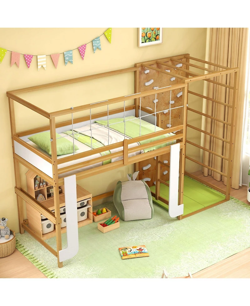 Slickblue Wooden Loft Bed with Climbing Ladder Jungle Gym Design