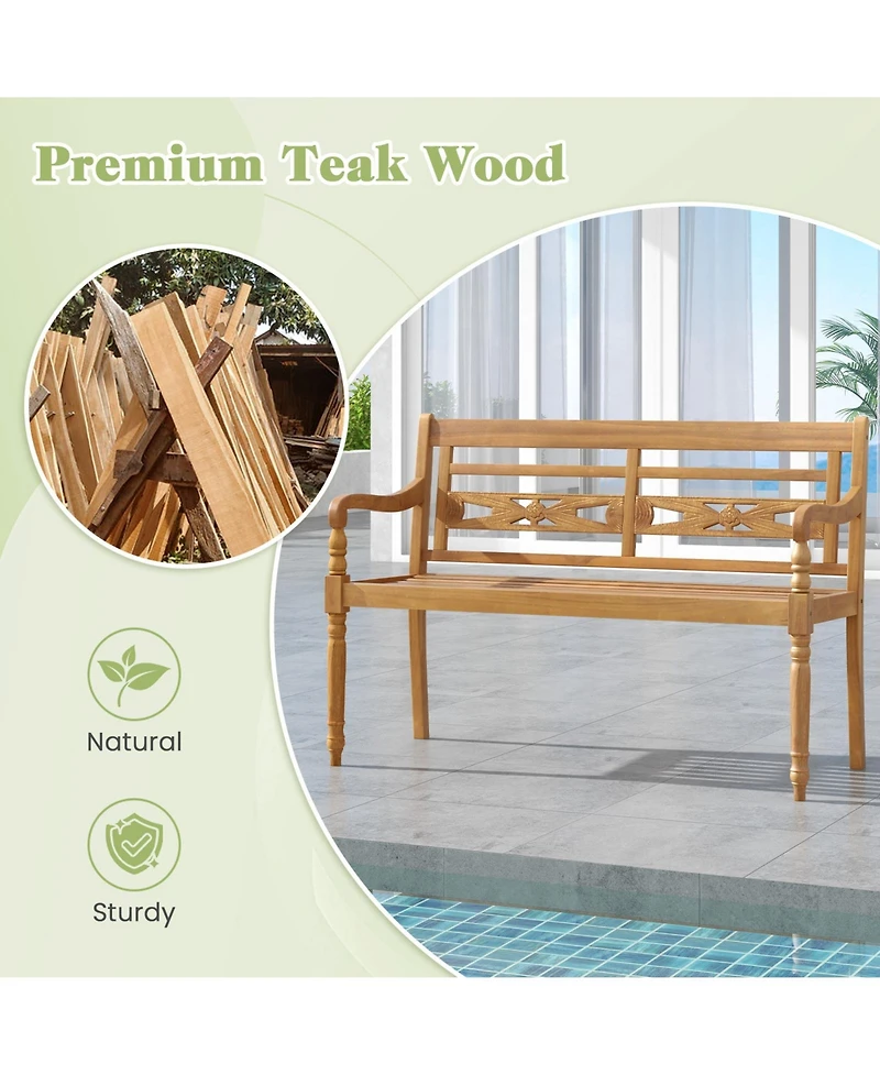 Sugift 2-Person Teak Wood Patio Bench with Wide Backrest Curved Armrests