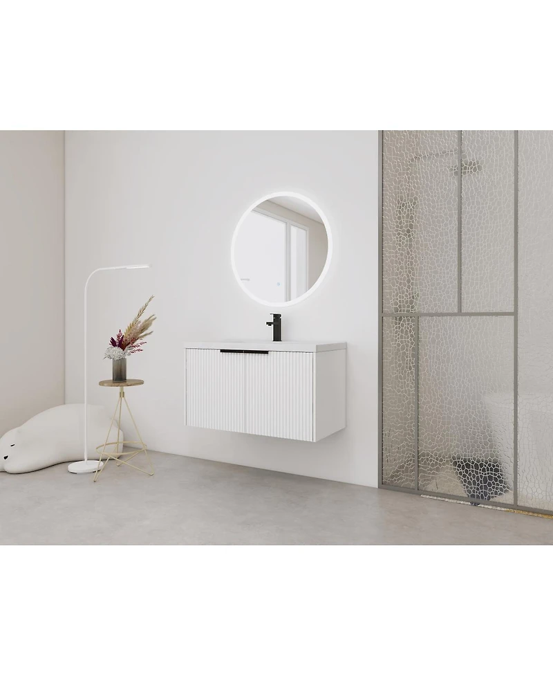 Sillysis 35.4 Inch Floating Bathroom Vanity with Resin Sink, Soft Close Doors, Modern Textured Panels and Ample Storage