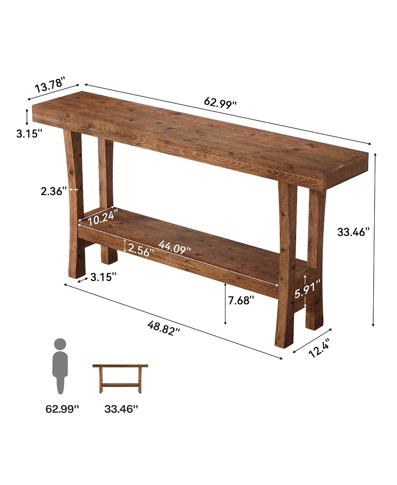Tribesigns 63" Farmhouse Solid Wood Console Table, Narrow Entryway Table with 2-Tier Storage Shelf