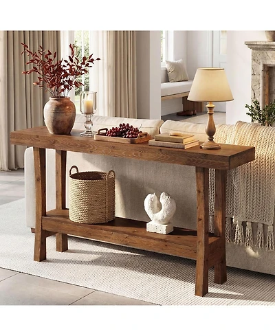 Tribesigns 63" Farmhouse Solid Wood Console Table, Narrow Entryway Table with 2-Tier Storage Shelf