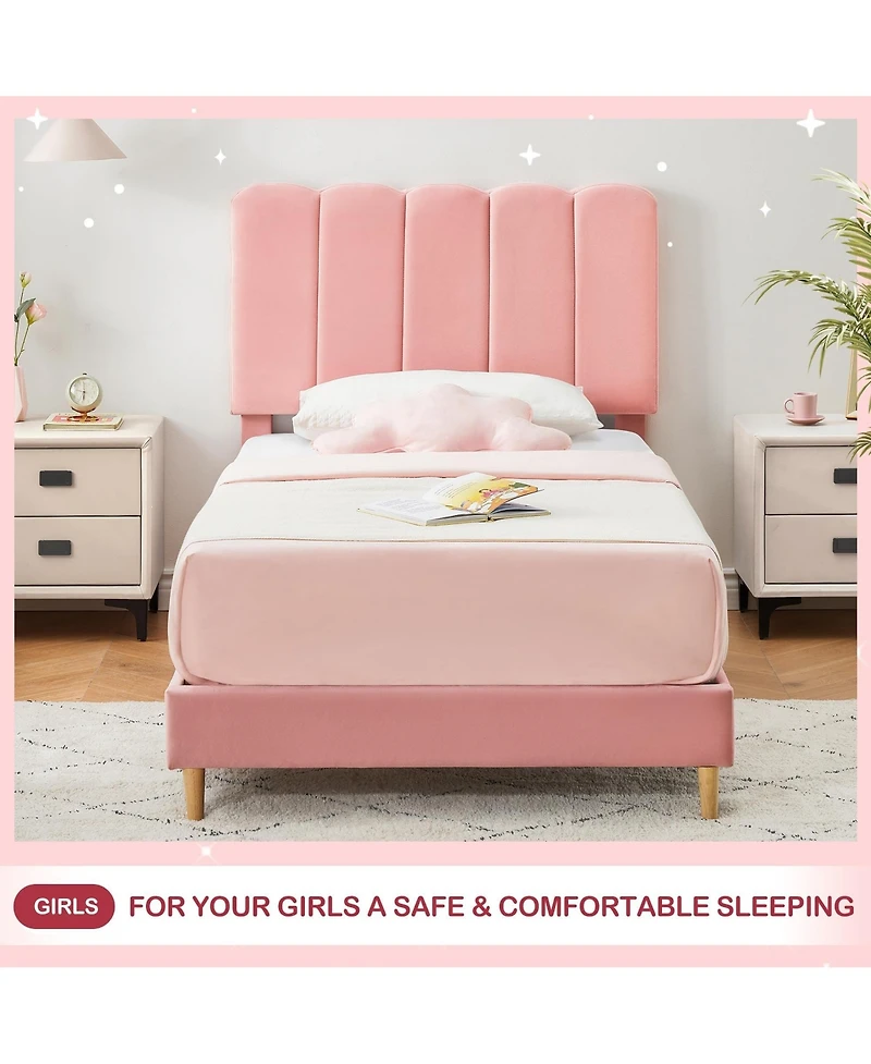 Homfan Modern Princess Style Twin Platform Bed Frame for Girls, Upholstered Soft Headboard, Sturdy Wooden Slats, No Box Spring Needed, Easy Assembly