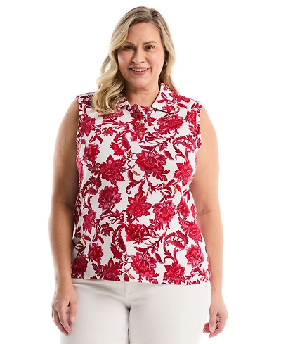 Rafaella Plus Botanical Print Ruffle Trim Sleeveless Polo Shirt