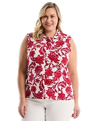 Rafaella Plus Botanical Print Ruffle Trim Sleeveless Polo Shirt