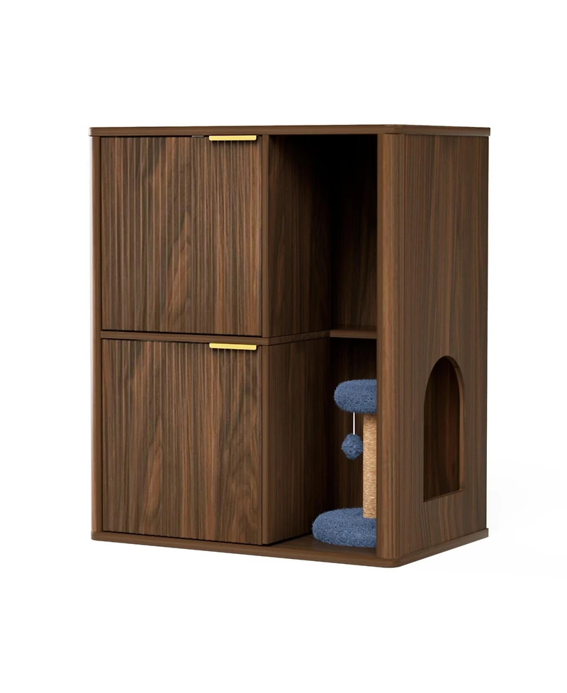 Zeus & Ruta 31.5'' Cat Litter Cabinet with Tree, Grooved Concealed Furniture Featuring Dual Doors