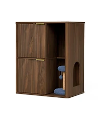 Zeus & Ruta 31.5'' Cat Litter Cabinet with Tree, Grooved Concealed Furniture Featuring Dual Doors