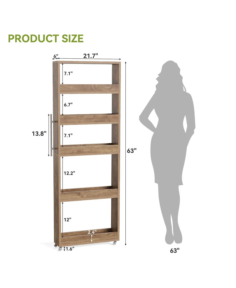 Tribesigns 5-Tier Tall Narrow Storage Cart on Wheels, 63 '' Mobile Shelf Organizer, Rolling Utility for Kitchen, Dining Room, Small Spaces
