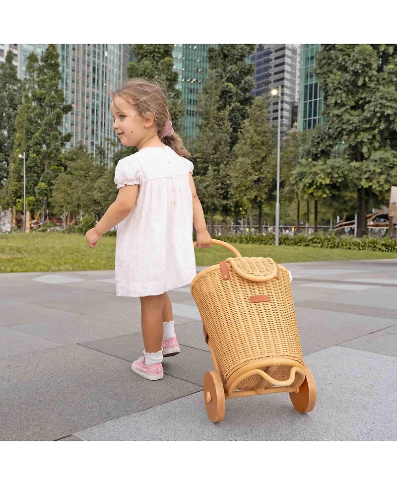 Momiji Eric Handcrafted Rattan Shopping Trolley with detachable Tote Bag and Wooden Wheels - Wicker