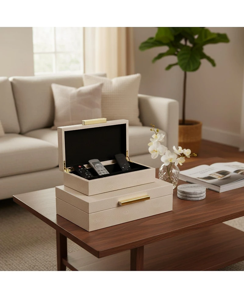 Yigii Shagreen Decorative Boxes Set Of 3 Faux Leather Metal Handles Stackable Home Organizer