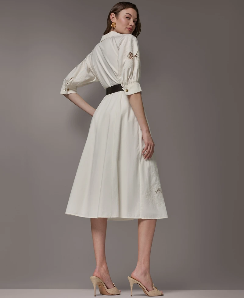 Donna Karan New York Women's Collared Shirt Midi Dress with Pu Belt