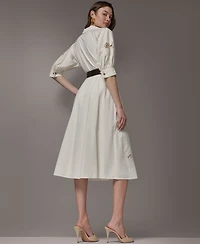 Donna Karan New York Women's Collared Shirt Midi Dress with Pu Belt