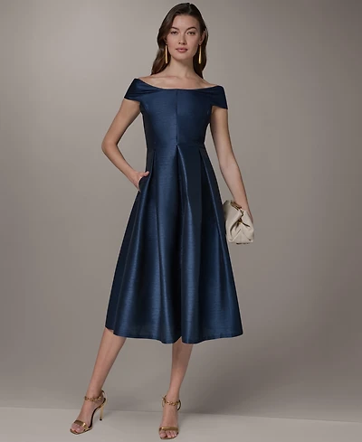 Donna Karan New York Women's Off-Shoulder Scoop Neck Jacquard Fit & Flare Midi Dress