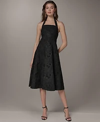 Donna Karan New York Women's Halter Fit & Flare Sleeveless Embroidered Midi Dress