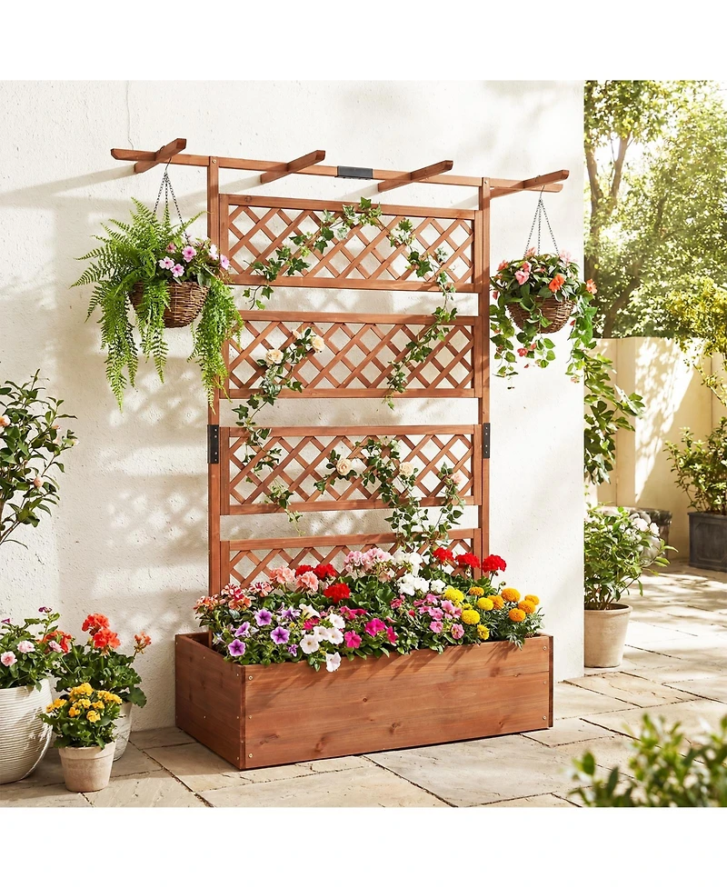Gymax Wooden Planter Box w/Lattice Trellis Flat Roof Drainage for Climbing Plant