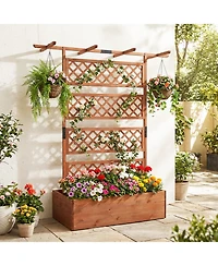 Gymax Wooden Planter Box w/Lattice Trellis Flat Roof Drainage for Climbing Plant