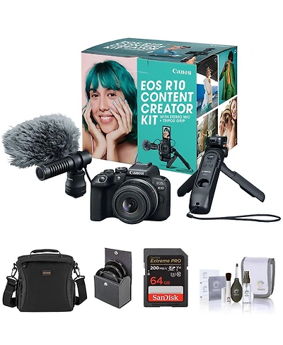 Canon Eos R10 Mirrorless Camera with Rf-s 18-45mm f/4.5-6.3 Is Stm Lens, Bundle with 64GB Memory Card, Bag, 49mm Filter Kit and Cleaning Kit