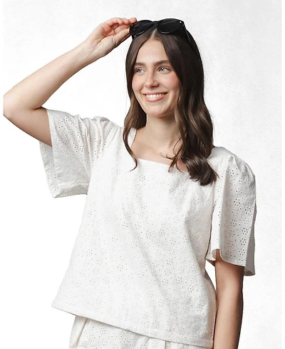 Hope & Henry Women's and Organic Flounce Sleeve Eyelet Top