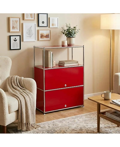 4-Tier Modular Metal Storage Cabinet, Modern Accent Sideboard with Doors and Open Shelves for Home & Office, Red