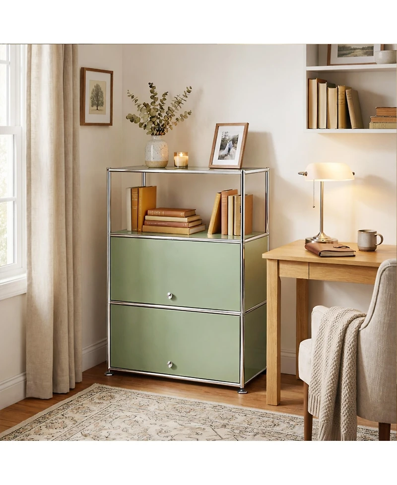 3 Tier Modular Metal Sideboard Storage Cabinet, Modern Grid-Style, for Dining Room, Living Room or Office, Green