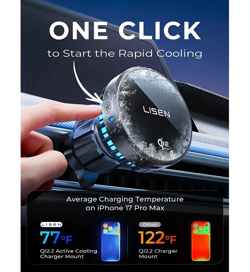 Lisen MagSafe Car Mount Charger with Cooling, 15W Fast Magnetic Wireless Phone Holder, Air Vent and Dashboard Mount for iPhone