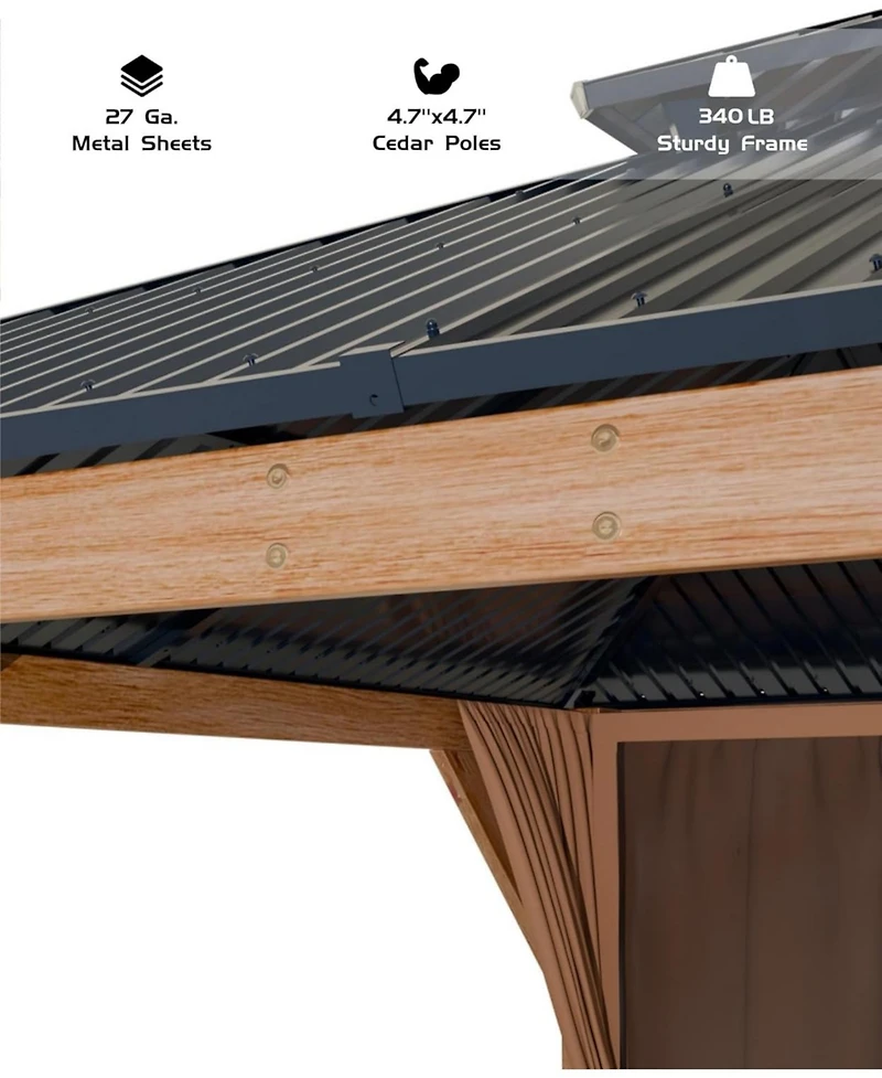 gaomon Hardtop Wood Gazebo 10ft x 12ft for All Weather, Double Metal Roof, Heavy Duty Wooden Frame, Net, and Curtain, Permanent Building for Patio