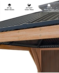 gaomon Hardtop Wood Gazebo 10ft x 12ft for All Weather, Double Metal Roof, Heavy Duty Wooden Frame, Net, and Curtain, Permanent Building for Patio