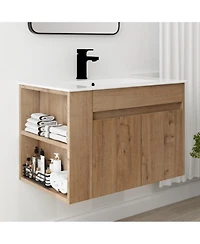 Sillysis 30 Inch Wall Mounted Bathroom Vanity with Black Ceramic Sink, Adjustable Shelf, Modern Plywood Cabinet for Small Spaces