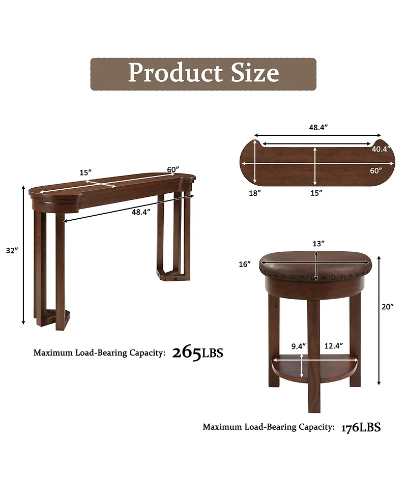 Rainsken 60'' Bar Table and Chairs Set - with 3 Pu Upholstered Stools, Solid Wood Counter Height Dining for Living Room
