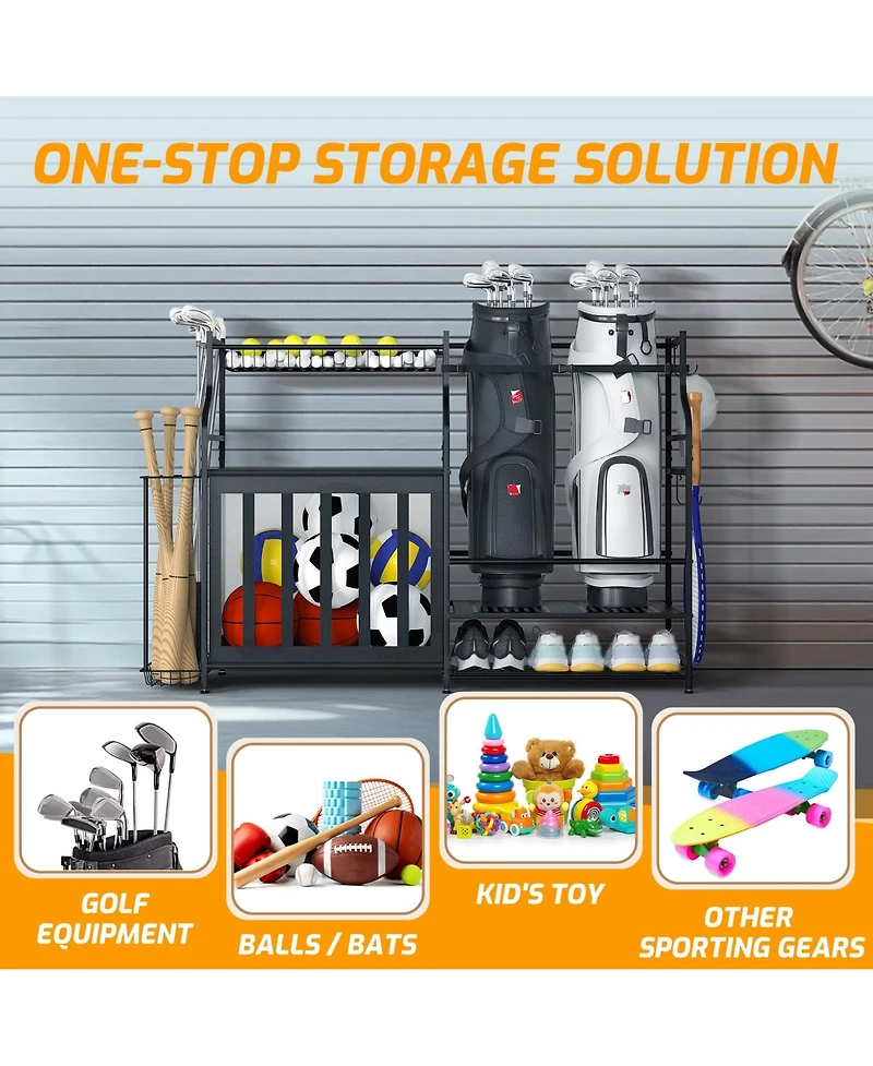 Mythinglogic Golf Bag Organizer Rack with Ball Storage, Shelf and Hooks for Garage Sports Gear