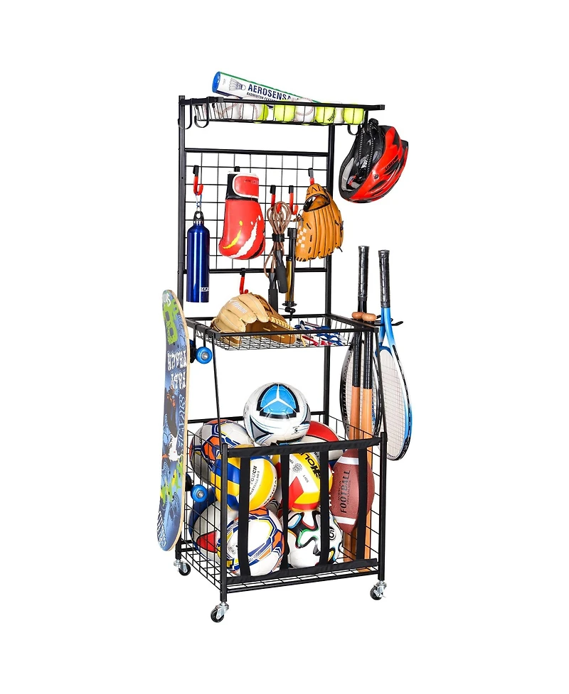 Mythinglogic Rolling Sports Equipment Organizer with Ball Bin, Hooks and Shelves
