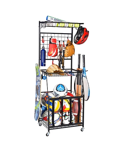 Mythinglogic Rolling Sports Equipment Organizer with Ball Bin, Hooks and Shelves