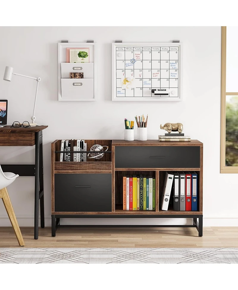 Rainsken Lateral Filing Cabinet, Wood Printer Stand with 2 Drawers and Open Storage Shelves for Home Office Organization