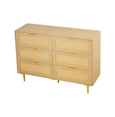 Sugift 6 Drawer Rattan Dresser Double Dresser for Bedroom Rattan Chest of Drawers with Metal