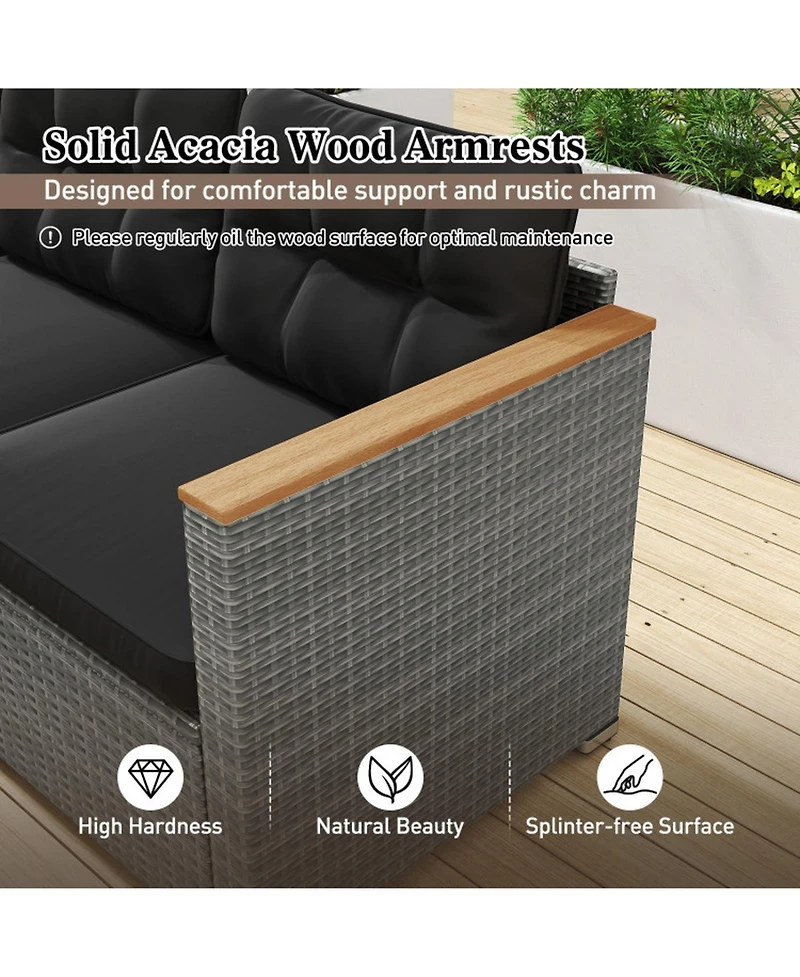 Gouun 3-Seat Outdoor Patio Pe Wicker Sofa with Acacia Wood Armrests, Deep Cushions