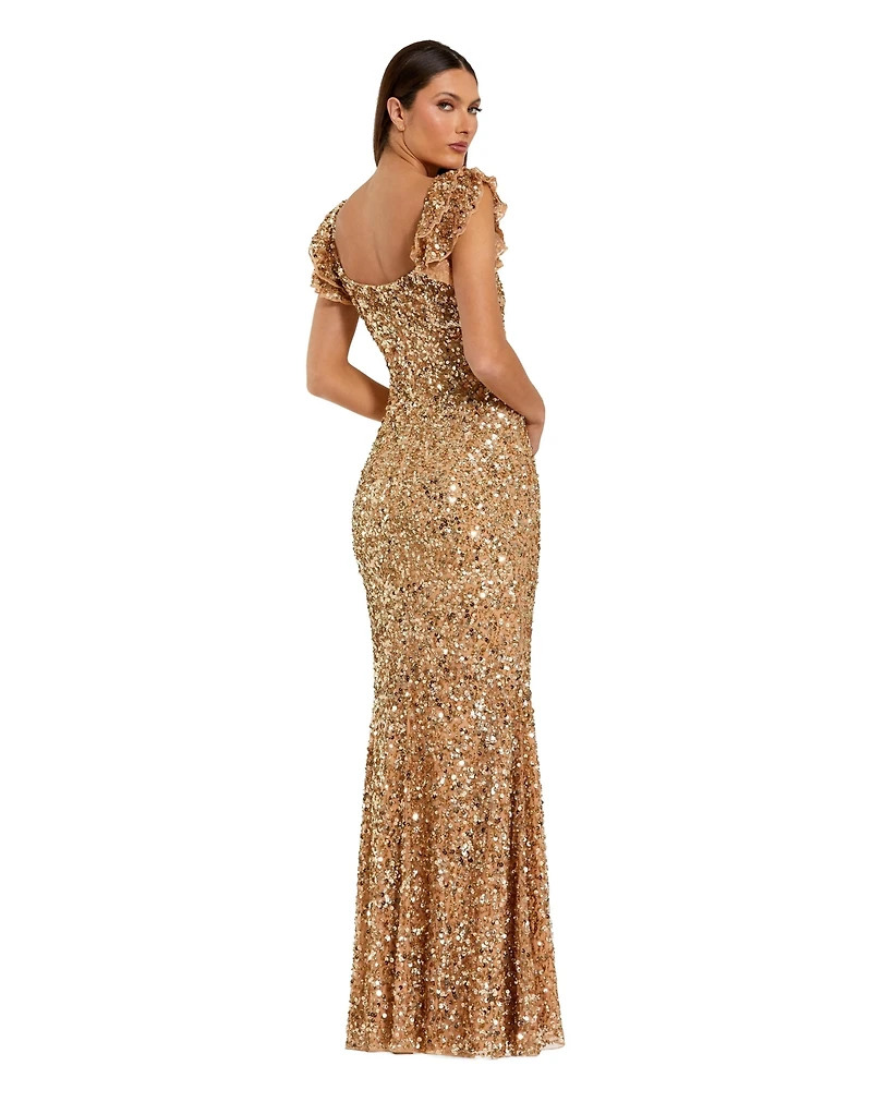 Mac Duggal Women's Sequin Mesh Ruffle Sleeve Trumpet Evening Gown