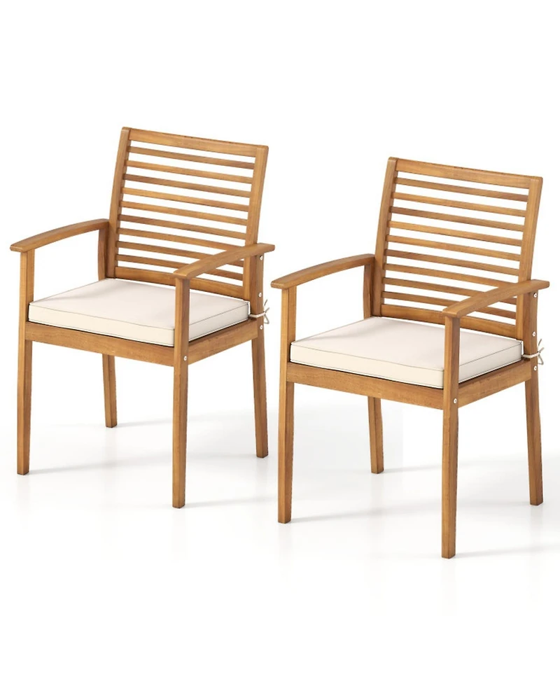 Gouun Set of 2 Acacia Wood Outdoor Patio Dining Chairs with Slatted Backrest and Padded Cushions