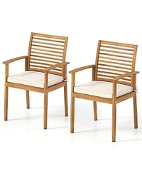 Gouun Set of 2 Acacia Wood Outdoor Patio Dining Chairs with Slatted Backrest and Padded Cushions