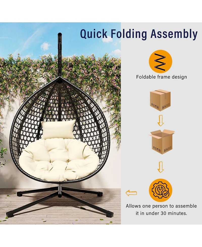 Rainsken Egg Hanging Chair, Foldable Pe Rattan Hammock Swing Chair with Soft Removable Cushion, 330 lbs Capacity for Balcony and Garden