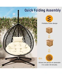 Rainsken Egg Hanging Chair, Foldable Pe Rattan Hammock Swing Chair with Soft Removable Cushion, 330 lbs Capacity for Balcony and Garden